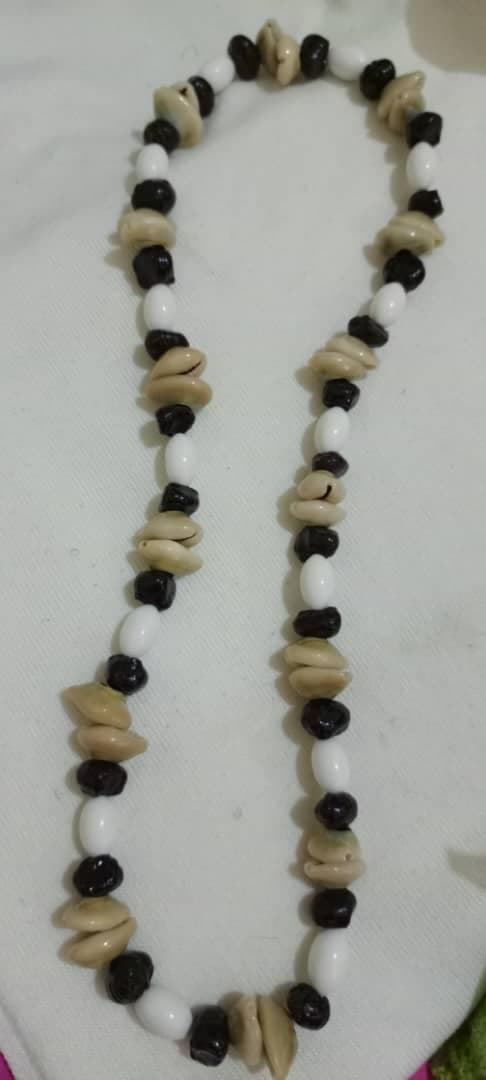 Cowrie, seed, and white bead strand